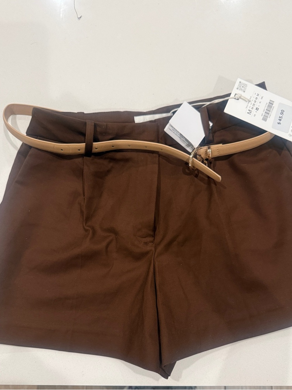 Zara Chocolate Brown Bermuda Shorts with Tan Belt